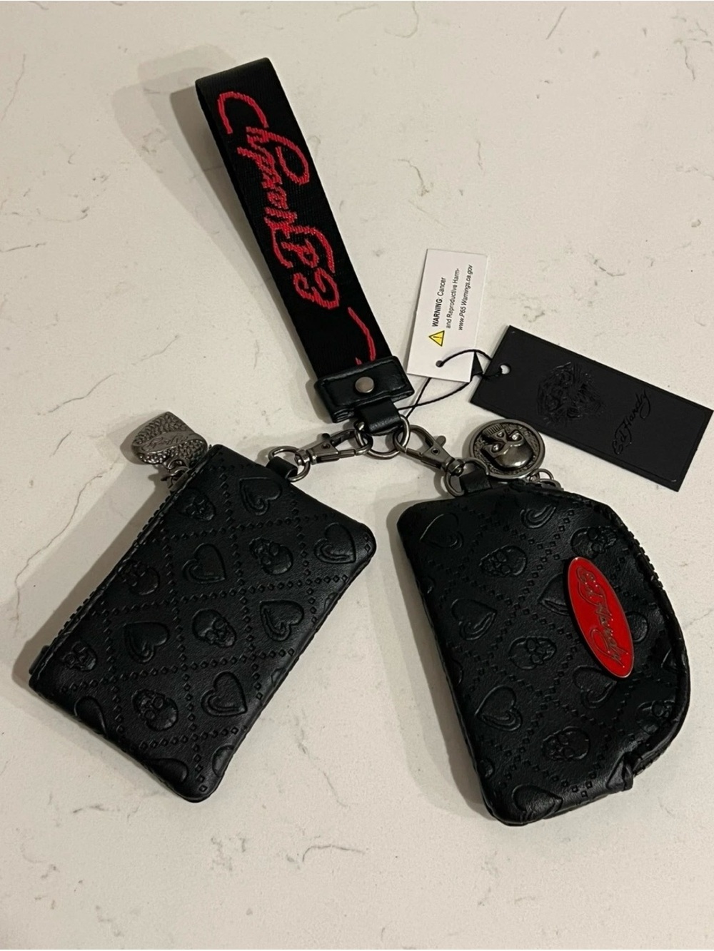 ED HARDY Black Lanyard Wristlet Coin Purse Wallet Set 3Pc Lot Embossed Skull Y2K